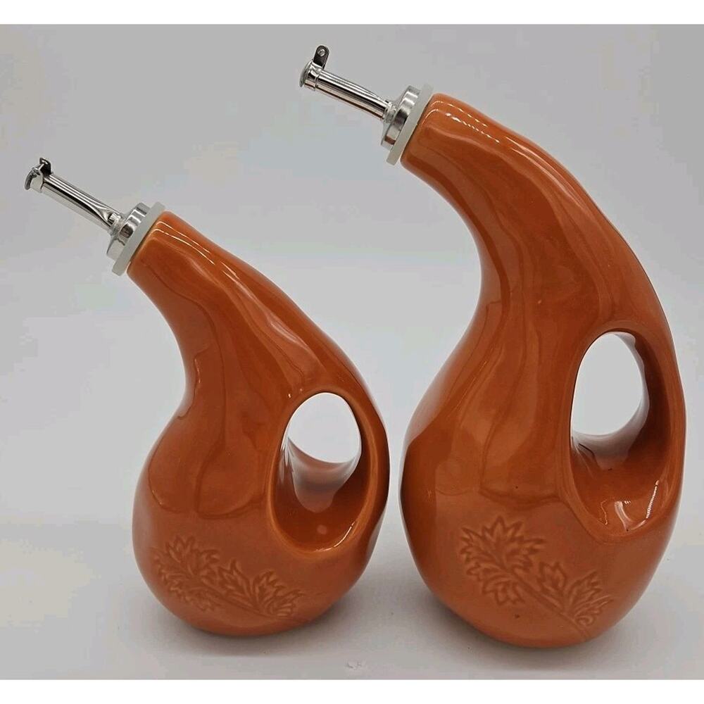 Rachael Ray Orange EVOO Vinegar & Oil Cruet Set Ceramic Engraved Discontinued